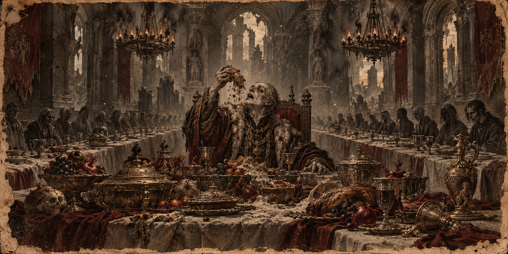 A weathered vintage engraving of the Banquet of Empty Mouths, where an endless feast turns to ash before a condemned chancellor
