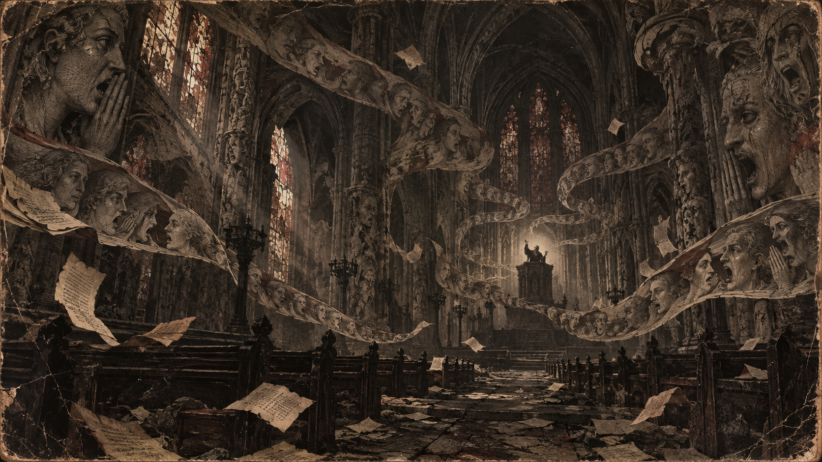 A weathered vintage engraving of the Cathedral of Returning Words, where a preacher's sermons echo back as accusing faces