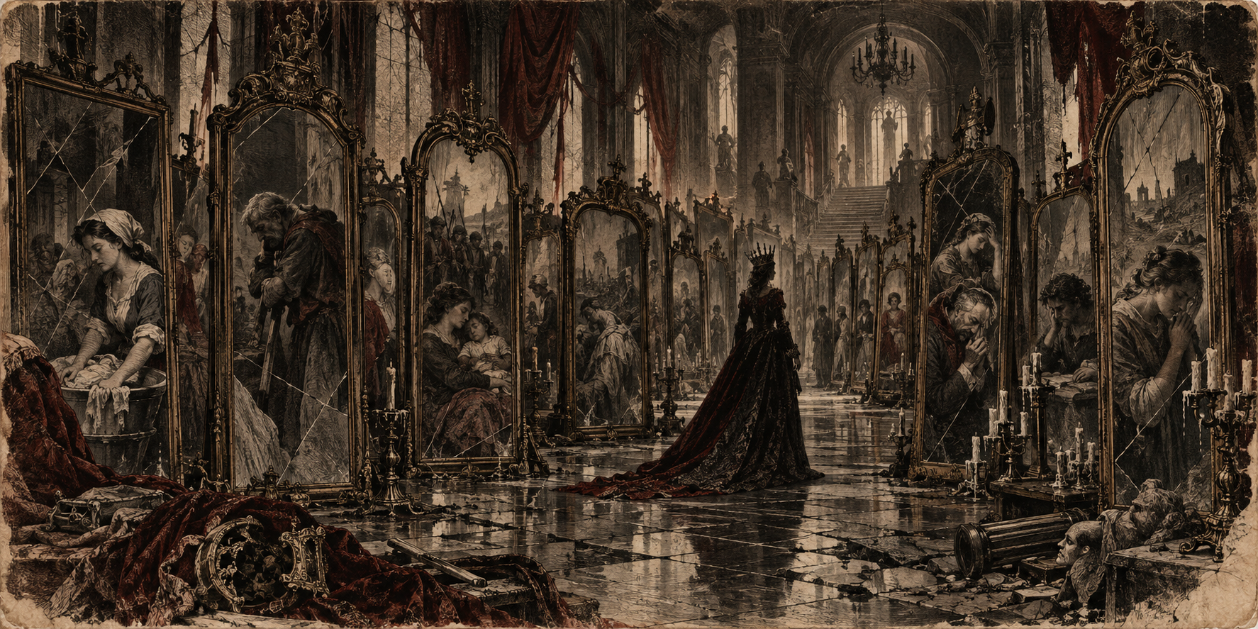 A weathered vintage engraving of the Palace of Unseen Mirrors, where every reflection reveals a harmed life instead of the condemned queen