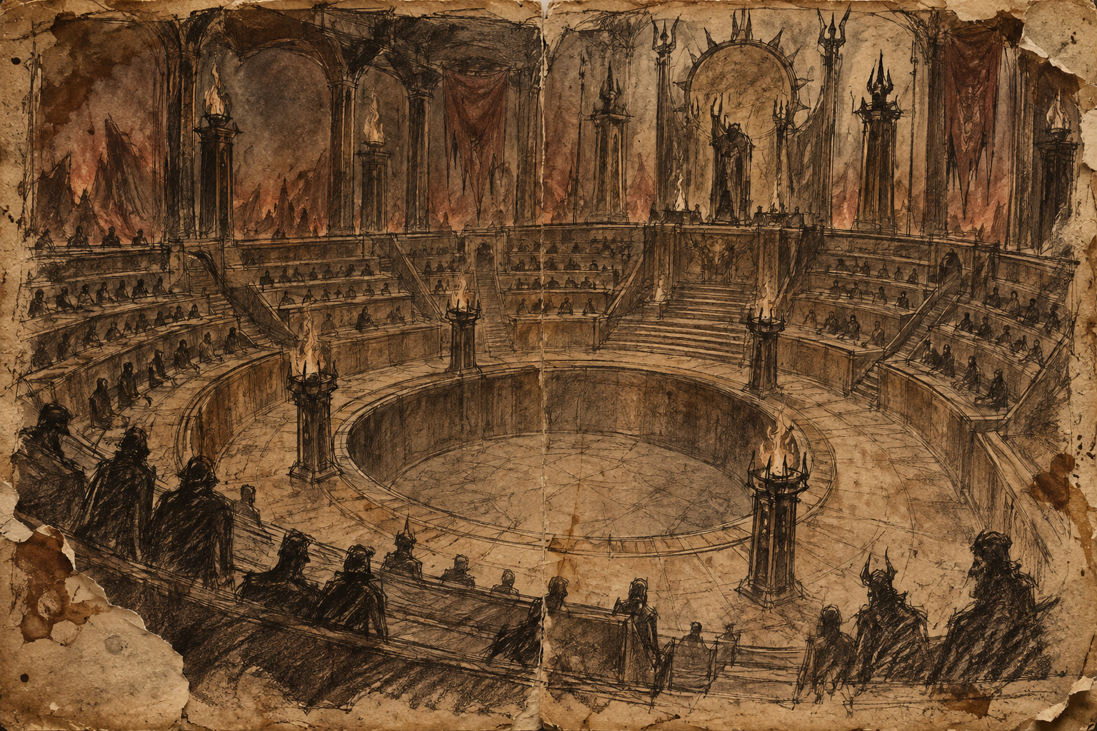 Worn ink illustration: The Court of Testimony
