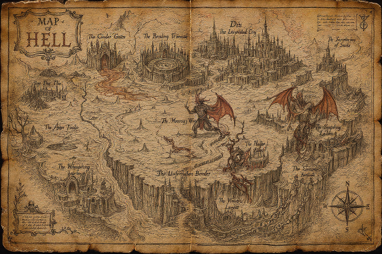 A scorched forbidden map of Hell showing six connected infernal territories