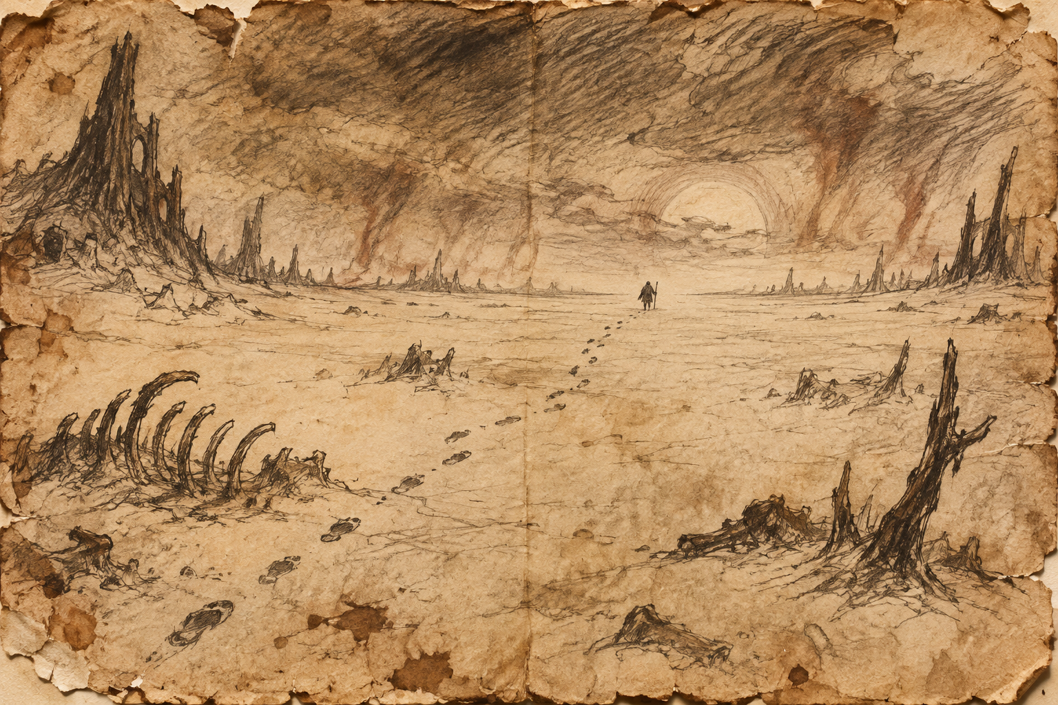 Worn, rough hand-drawn sketch of The Mercy Wastes