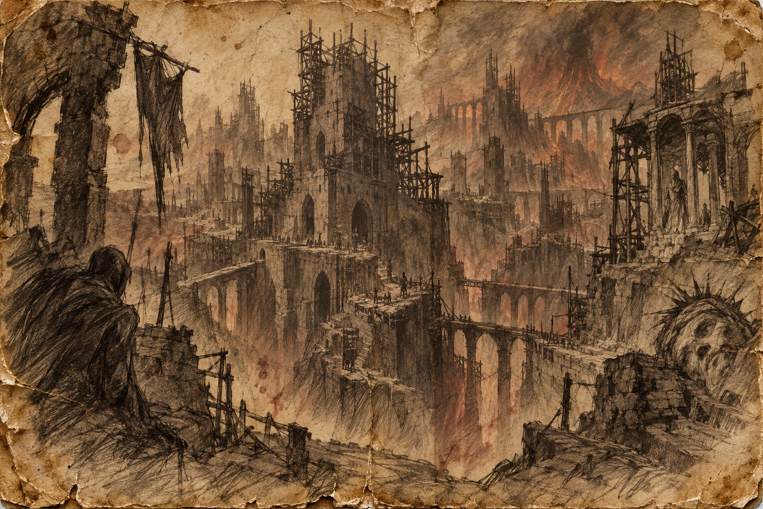 Worn ink illustration: A City Built from Exile